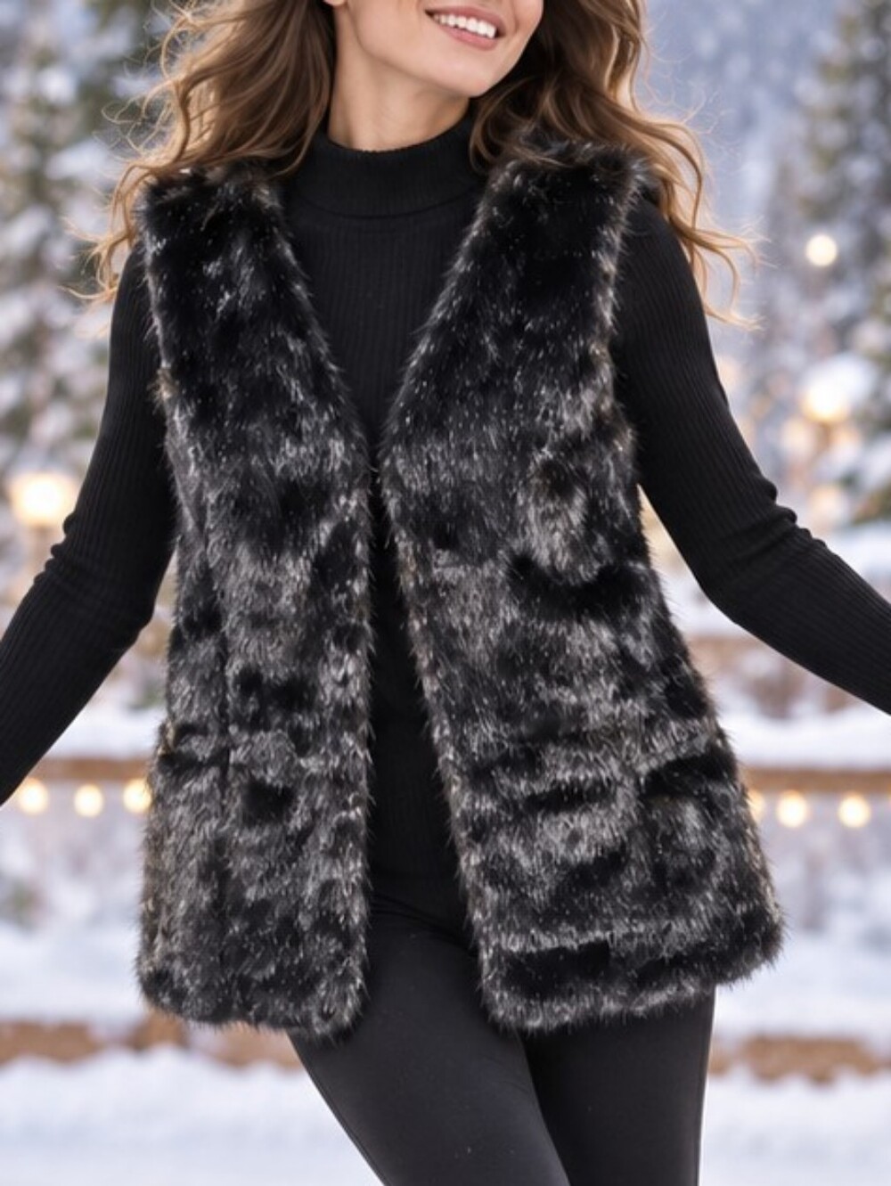 Simply Vera Vera Wang Women’s S/M Black Faux Fur Open Front Vest Pockets Boho
